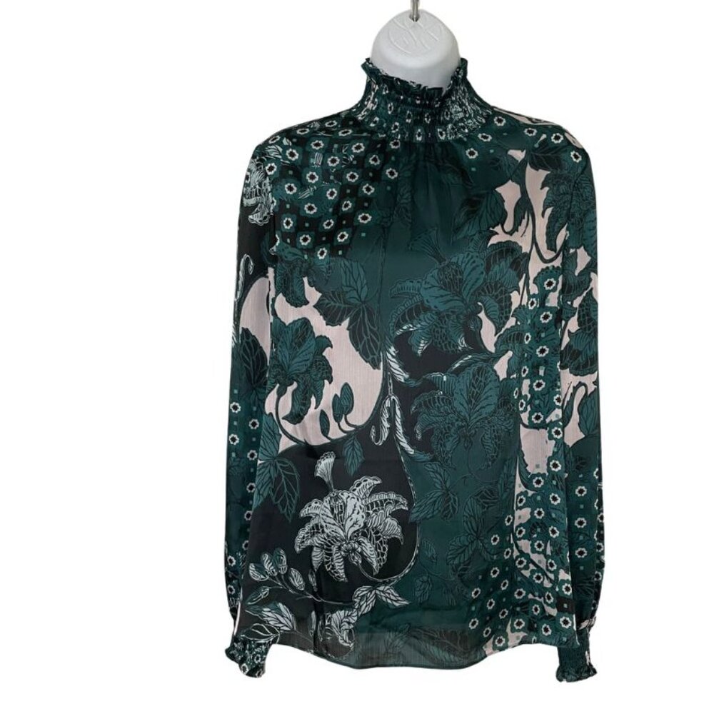 Ted Baker London Madri Green Rococo Print High Neck Smocked Top US Sz 8 UK Sz 3